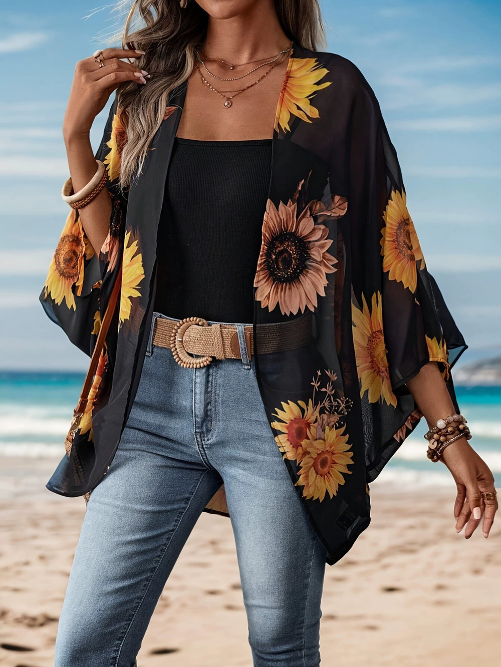 ZARA Sun Protection Hawaiian Vacation Sunflower Print Beach Cover Up Cardigan